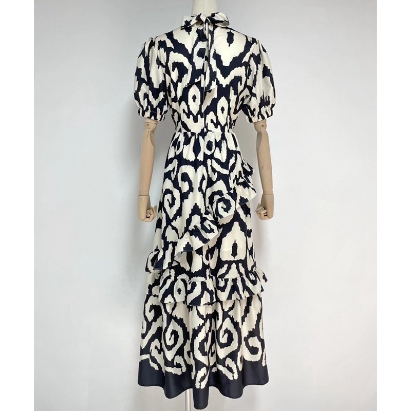 American Casual Dress Leopard Print Layered Standing Collar Bubble Sleeves with Loose Ruffles Plus Size Dress