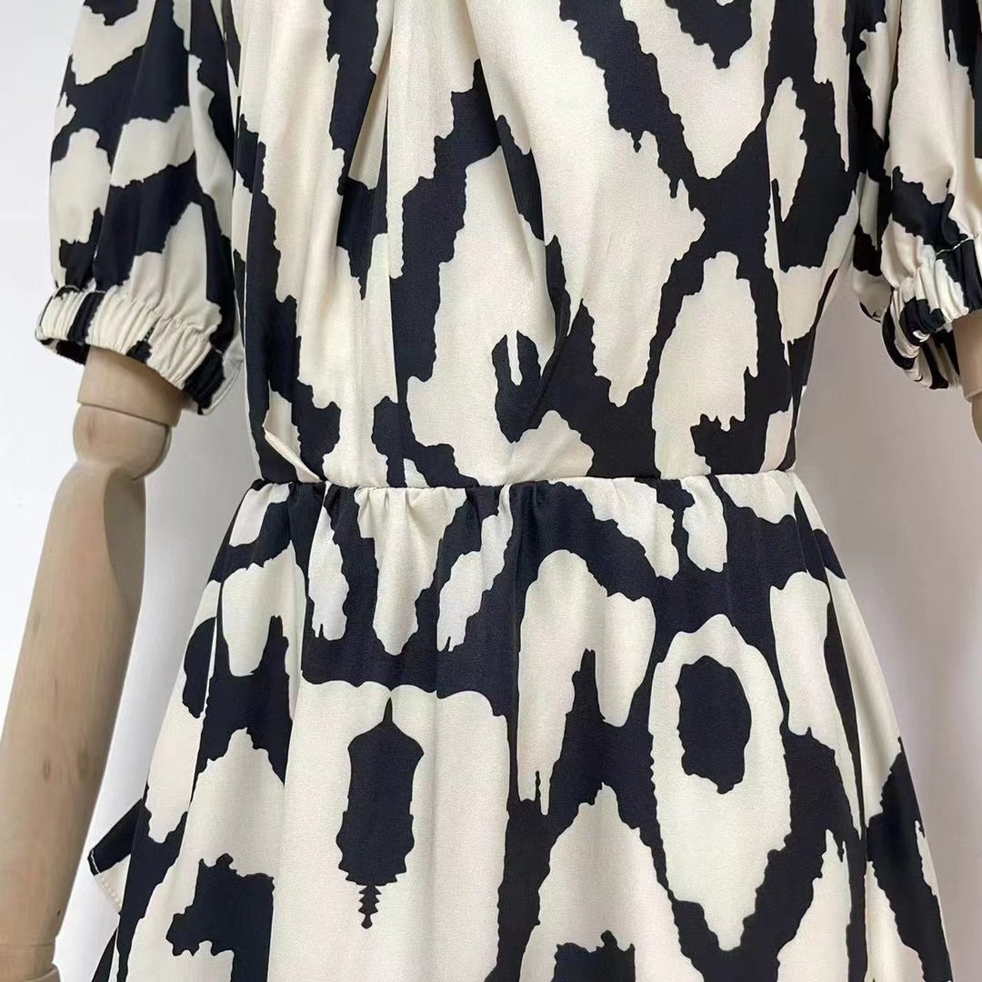 American Casual Dress Leopard Print Layered Standing Collar Bubble Sleeves with Loose Ruffles Plus Size Dress