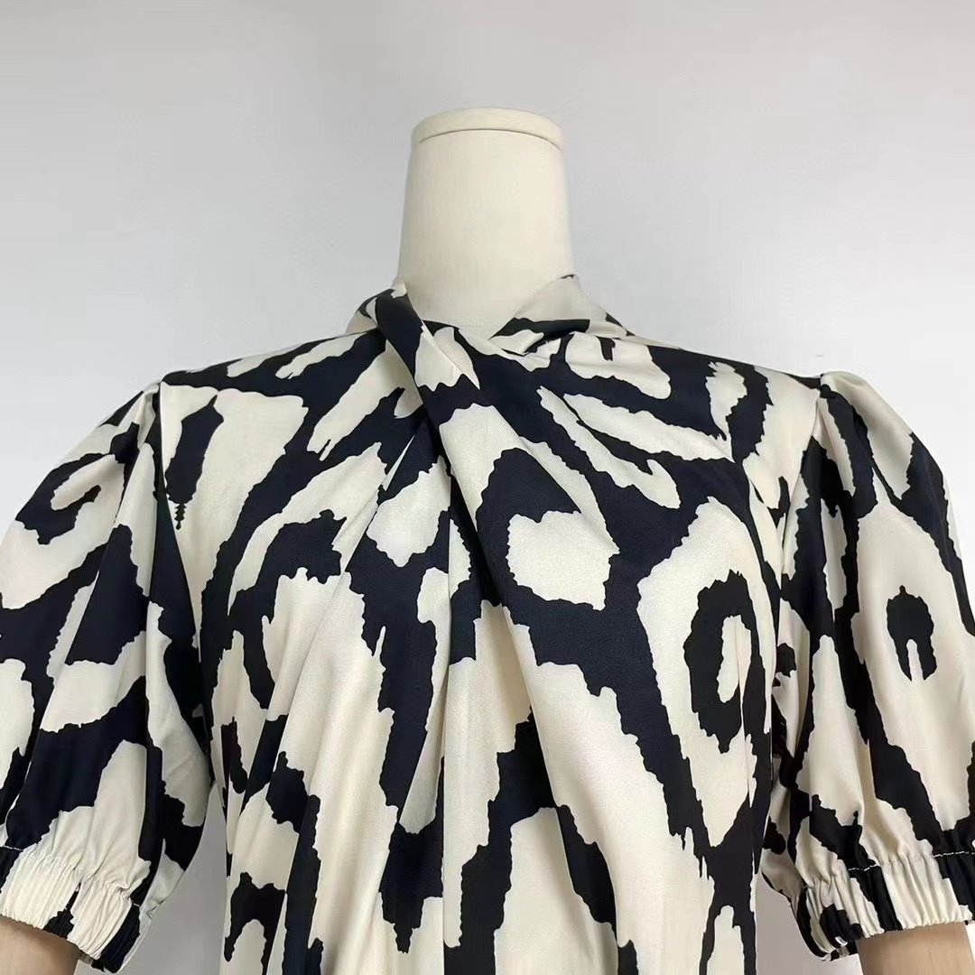 American Casual Dress Leopard Print Layered Standing Collar Bubble Sleeves with Loose Ruffles Plus Size Dress