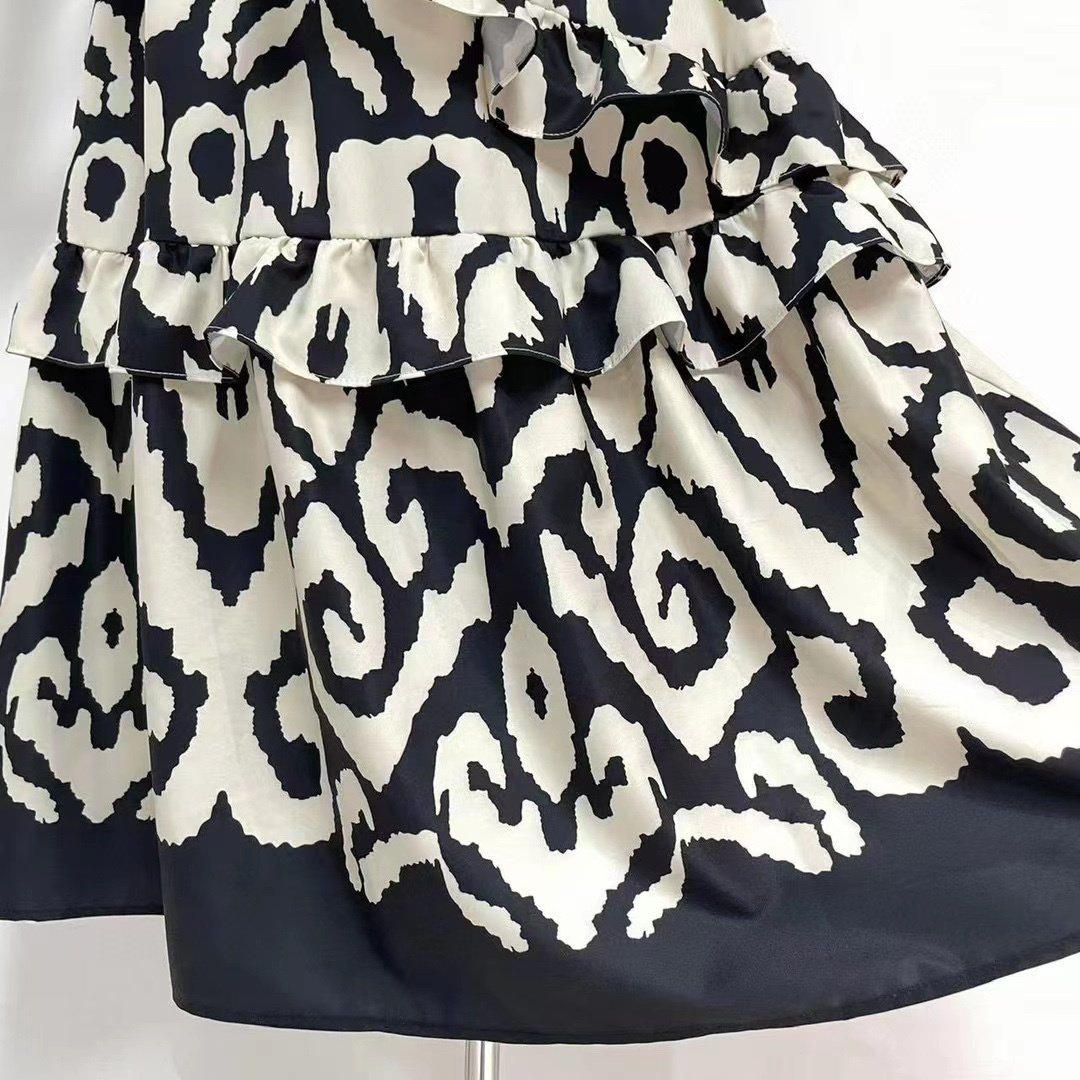 American Casual Dress Leopard Print Layered Standing Collar Bubble Sleeves with Loose Ruffles Plus Size Dress