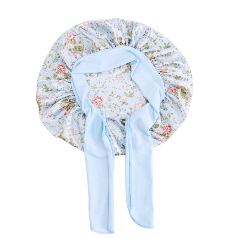 Wholesale Custom Satin Long Tie Adjustable Flower Print Baby hats Hair Care Bonnets