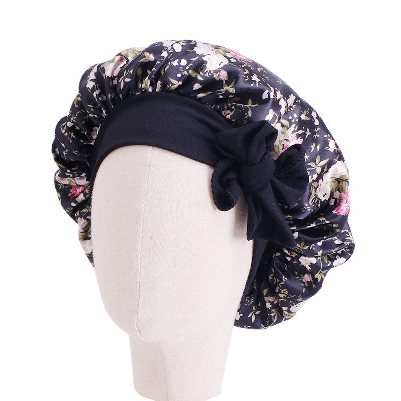 Wholesale Custom Satin Long Tie Adjustable Flower Print Baby hats Hair Care Bonnets