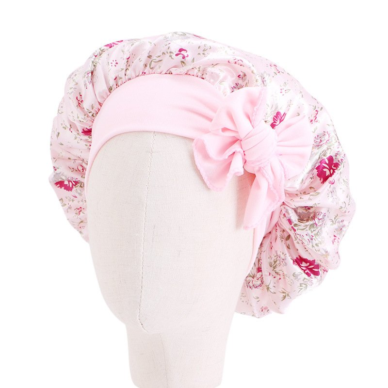 Wholesale Custom Satin Long Tie Adjustable Flower Print Baby hats Hair Care Bonnets