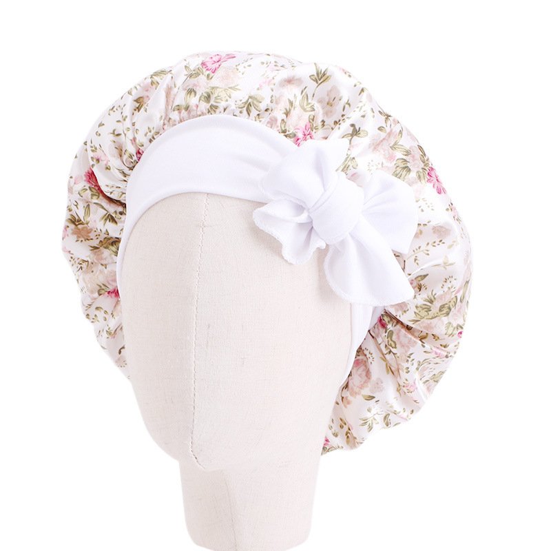 Wholesale Custom Satin Long Tie Adjustable Flower Print Baby hats Hair Care Bonnets