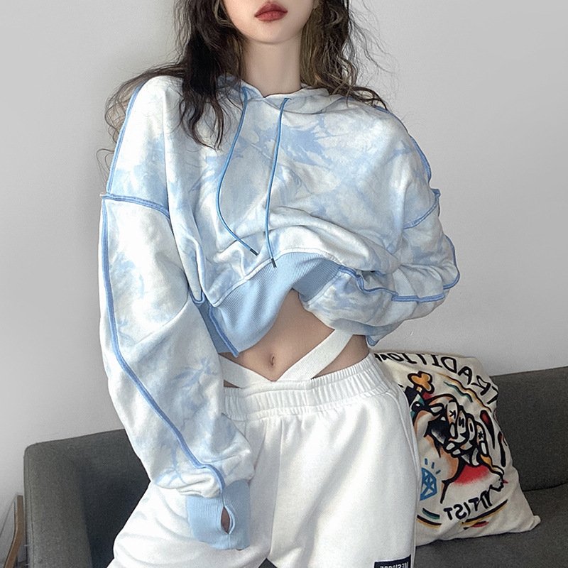 2025 European and American style new women's short loose fashion tie-dye long-sleeved hoodies sweater hoodies