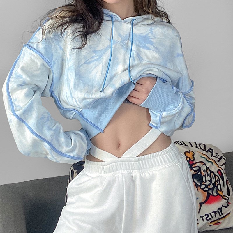 2025 European and American style new women's short loose fashion tie-dye long-sleeved hoodies sweater hoodies