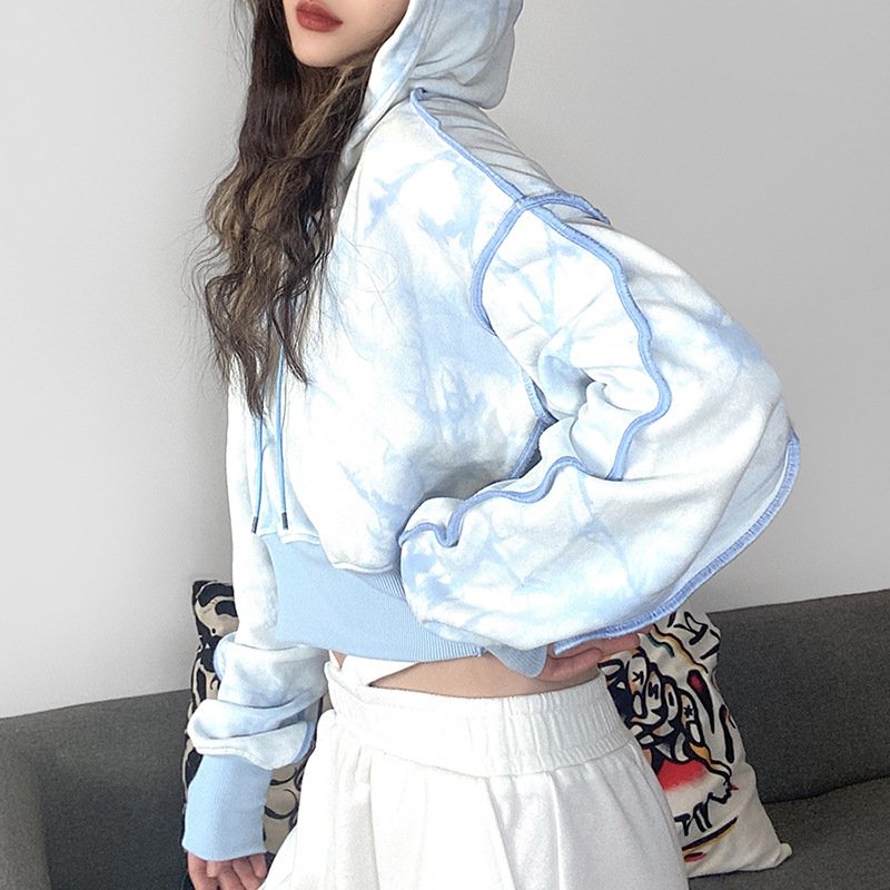 2025 European and American style new women's short loose fashion tie-dye long-sleeved hoodies sweater hoodies