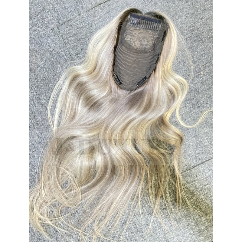 Premium ash Blonde With Darker Roots 100% Russian Human Hair Silk Top Clip In Hairpiece Hand Tied 7*9 Silk Base Topper for woman