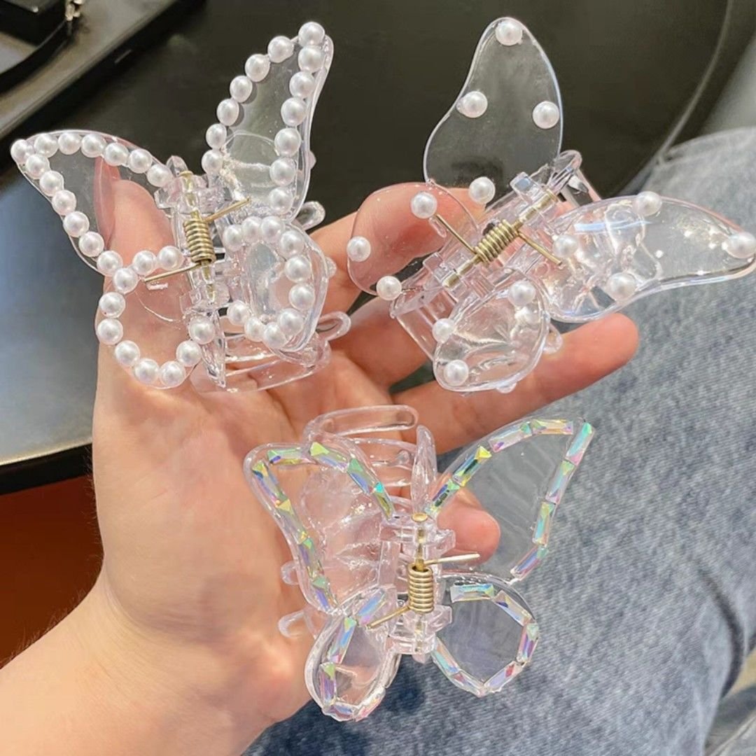 Transparent hair clip pearl laser butterfly grab women's summer large new minimalist style