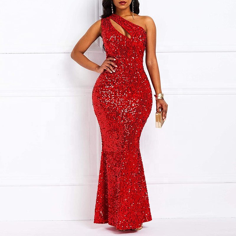 Elegant Evening Dresses African Formal Sequin One Shoulder Long Gown Glitter Floor Length Party Wear Maxi Dress