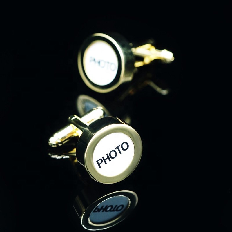 Wholesale High Quality Photo Cufflink Clip Set Gold Plated Custom Logo Man Button Photo Holder Display Cufflink for French Shirt