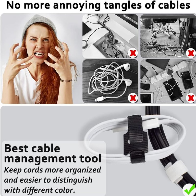 Black Adjustable 6-inch Cord Organizer Ties,Multi-purpose Hook Loop Cable Management Wire Ties Reusable Cable Ties