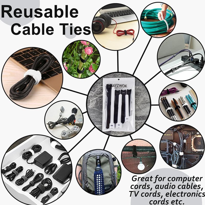 Black Adjustable 6-inch Cord Organizer Ties,Multi-purpose Hook Loop Cable Management Wire Ties Reusable Cable Ties