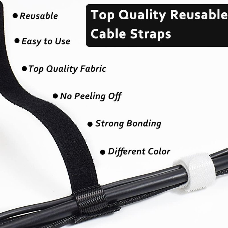 Black Adjustable 6-inch Cord Organizer Ties,Multi-purpose Hook Loop Cable Management Wire Ties Reusable Cable Ties