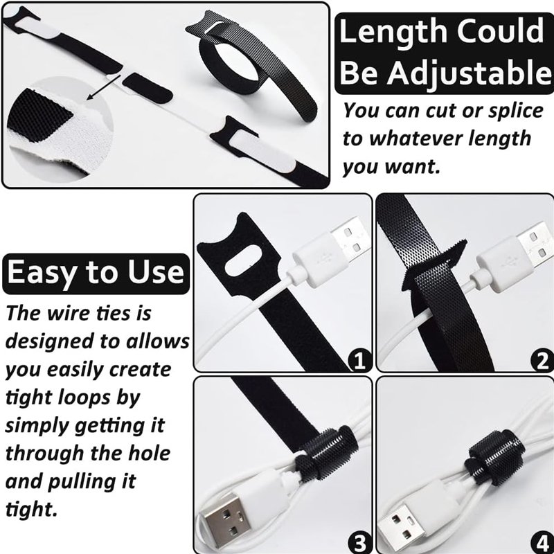 Black Adjustable 6-inch Cord Organizer Ties,Multi-purpose Hook Loop Cable Management Wire Ties Reusable Cable Ties
