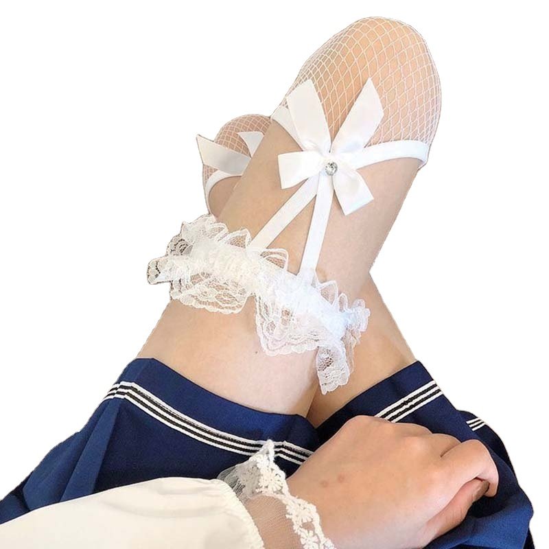 Wholesale Sexy Lace Fishnet Lingerie Socks With Bow Women Black Fish Net Thigh High Stockings