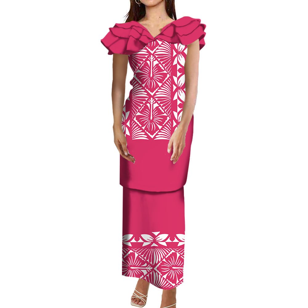 New Arrival Polynesian Tribal Printed Frill Layered Ruffle V Neck Samoan Puletasi Set Custom Top And Skirts 2 Piece Sets Dress