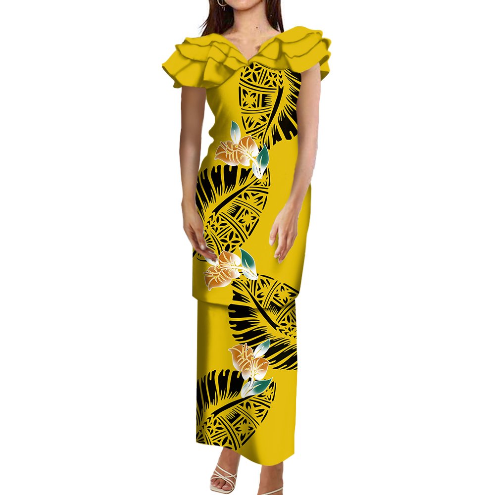 New Arrival Polynesian Tribal Printed Frill Layered Ruffle V Neck Samoan Puletasi Set Custom Top And Skirts 2 Piece Sets Dress
