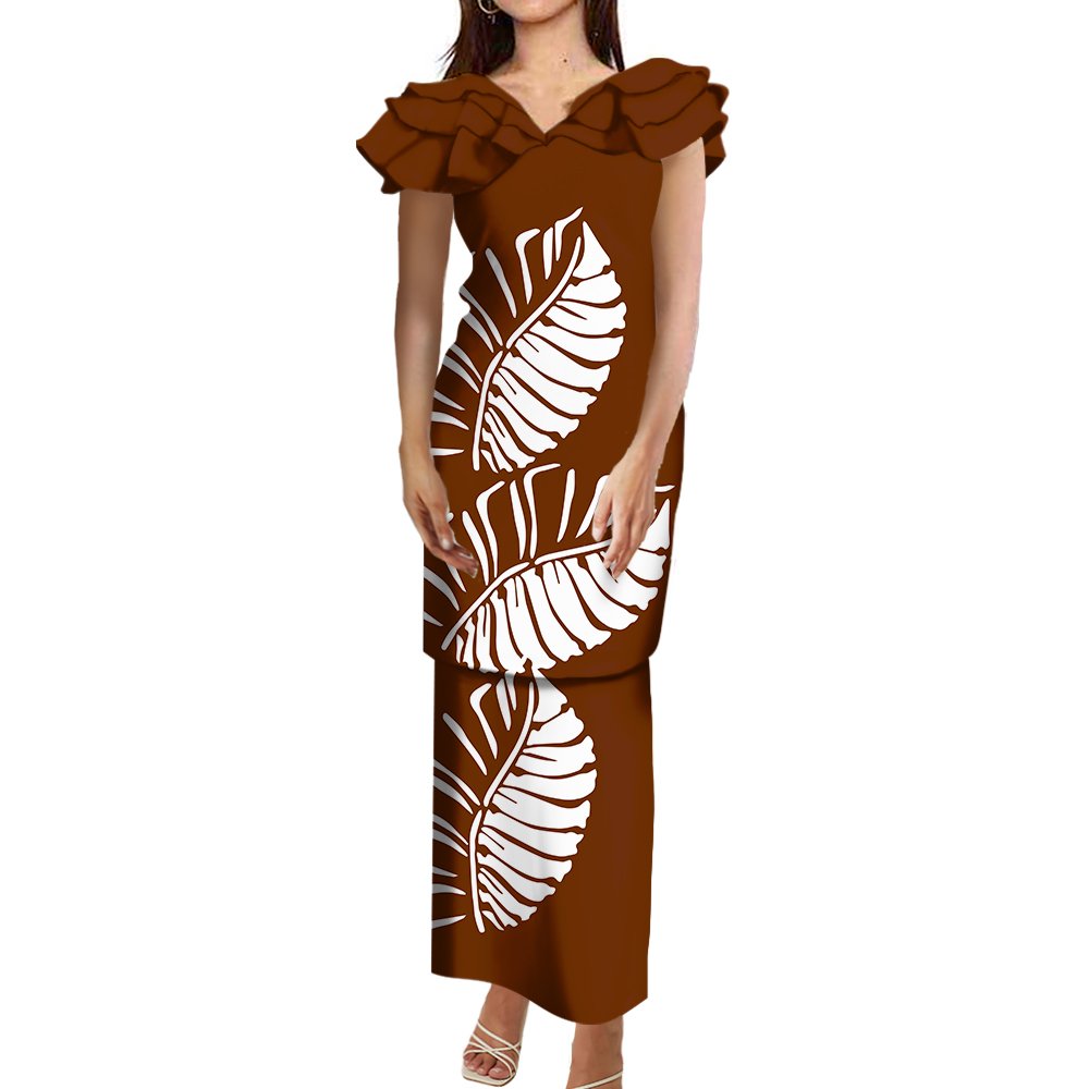 New Arrival Polynesian Tribal Printed Frill Layered Ruffle V Neck Samoan Puletasi Set Custom Top And Skirts 2 Piece Sets Dress