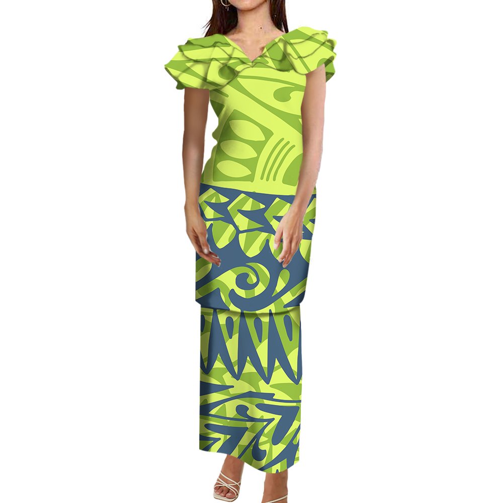 New Arrival Polynesian Tribal Printed Frill Layered Ruffle V Neck Samoan Puletasi Set Custom Top And Skirts 2 Piece Sets Dress