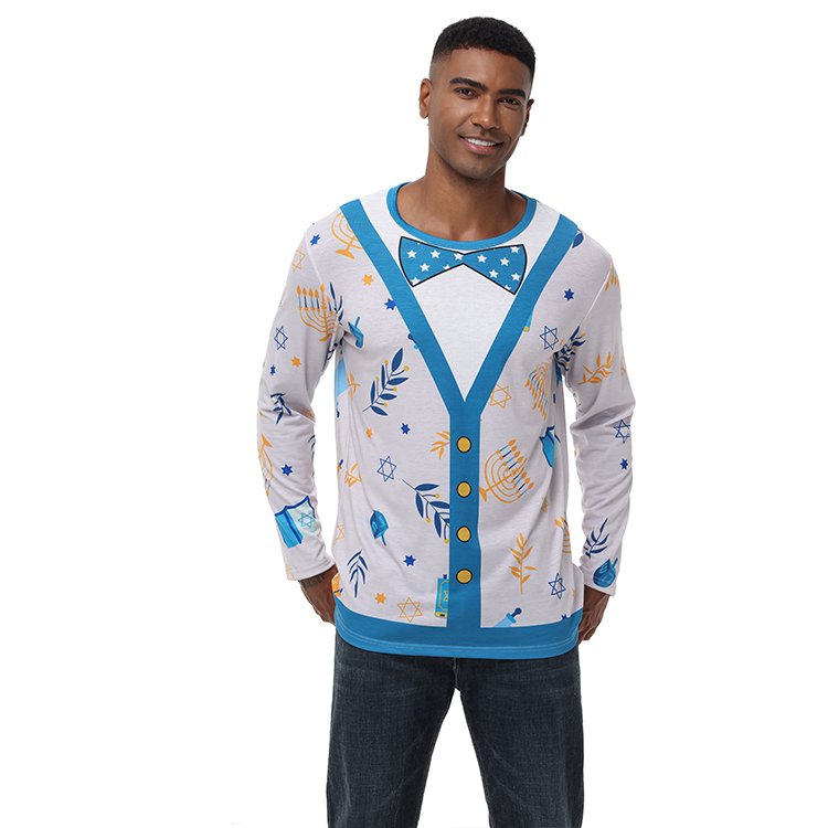 Men Long Sleeve Shirt Fake Bow Tie Christmas T-Shirt Banquet Holiday Printed Tops Fashion Cartoon Men Long Sleeve Shirt