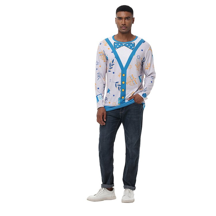 Men Long Sleeve Shirt Fake Bow Tie Christmas T-Shirt Banquet Holiday Printed Tops Fashion Cartoon Men Long Sleeve Shirt