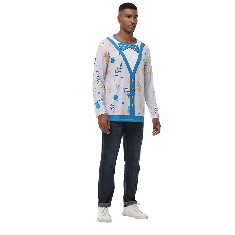 Men Long Sleeve Shirt Fake Bow Tie Christmas T-Shirt Banquet Holiday Printed Tops Fashion Cartoon Men Long Sleeve Shirt