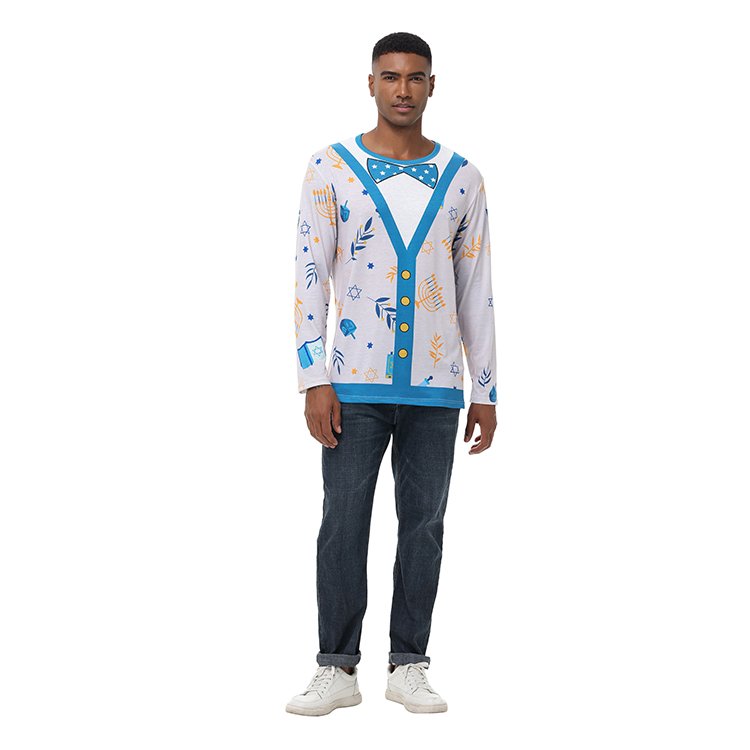 Men Long Sleeve Shirt Fake Bow Tie Christmas T-Shirt Banquet Holiday Printed Tops Fashion Cartoon Men Long Sleeve Shirt