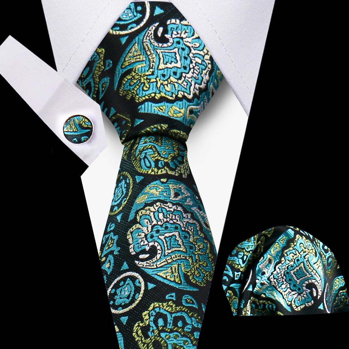 36 Styles Men's Tie And Pocket Square Set Green Plain Paisley Plaid Striped Necktie Set For Men Cufflinks Suit Gift Wedding