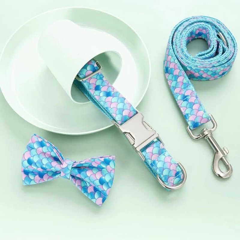 Wholesale Adjustable design cat dog collar colorful printing dog collar leash bow tie set Metal Buckle pet supplies necklec