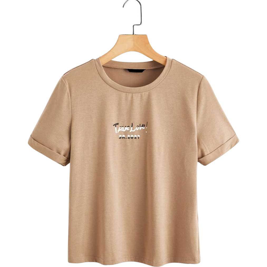 Latest Fashion Summer Wear Khaki Color Letter Print Wholesale Gym Fitness Wears T-Shirt For Women