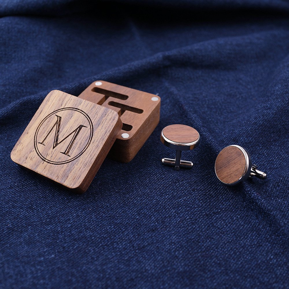 Custom logo Groomsman Best Man walnut solid wooden cuff links with wooden box set for men