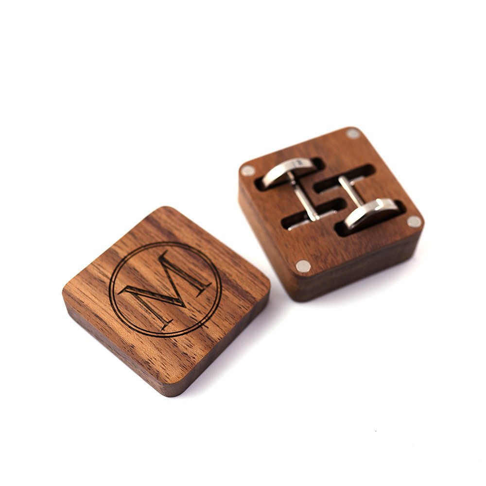 Custom logo Groomsman Best Man walnut solid wooden cuff links with wooden box set for men