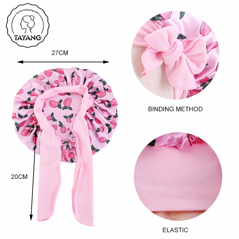 Cute Fruit Pattern Edge Wraps Ties Child Sleeping Cap Wide Band Silky Satin Soft Round Kids Hair Bonnets