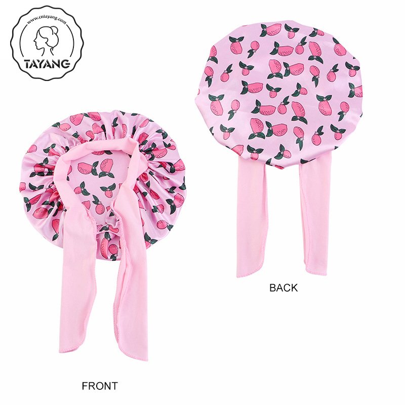 Cute Fruit Pattern Edge Wraps Ties Child Sleeping Cap Wide Band Silky Satin Soft Round Kids Hair Bonnets
