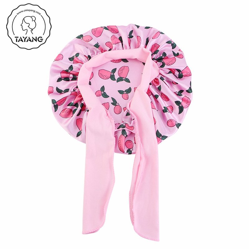 Cute Fruit Pattern Edge Wraps Ties Child Sleeping Cap Wide Band Silky Satin Soft Round Kids Hair Bonnets