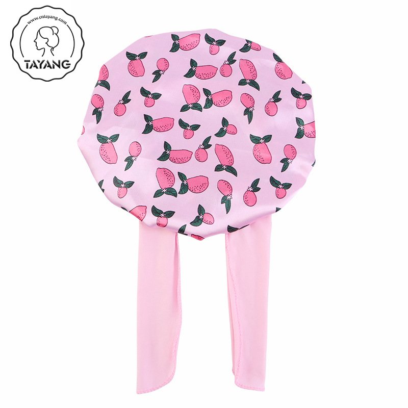 Cute Fruit Pattern Edge Wraps Ties Child Sleeping Cap Wide Band Silky Satin Soft Round Kids Hair Bonnets