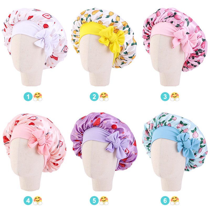 Cute Fruit Pattern Edge Wraps Ties Child Sleeping Cap Wide Band Silky Satin Soft Round Kids Hair Bonnets
