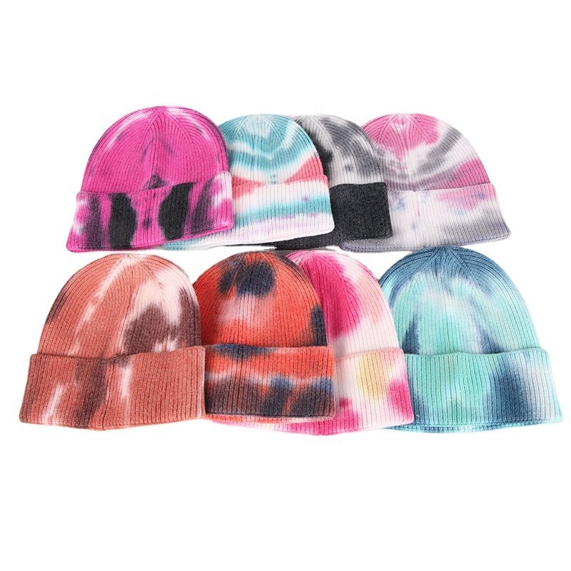 New Trend Women Winter Soft Fashion Colorful Knitted Hat Custom Tie Dye Sublimation Beanie