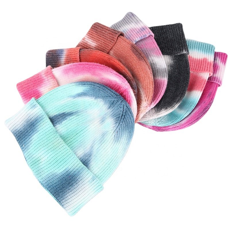 New Trend Women Winter Soft Fashion Colorful Knitted Hat Custom Tie Dye Sublimation Beanie
