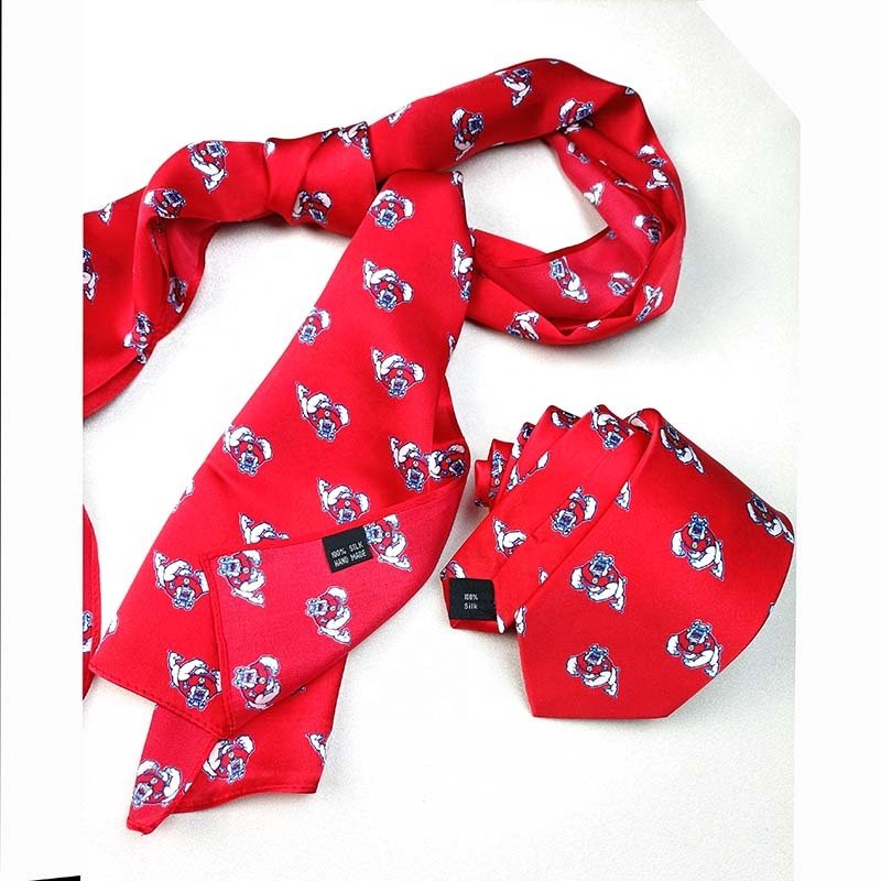Men's Accessories Bright Red Animal Logo Custom Silk Printed Necktie For Men And Printed Silk Scarf Set