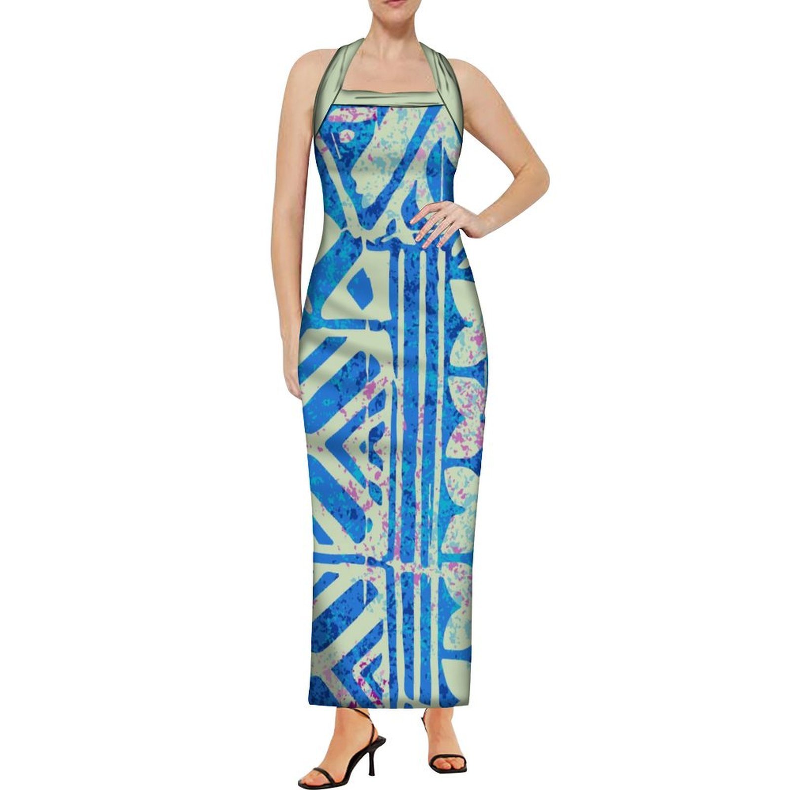 New Design Custom Sleeveless Halter Neckband Bodycon Dress Polynesian Tribal Printed Long Evening Dress Plus Size Womens Dresses