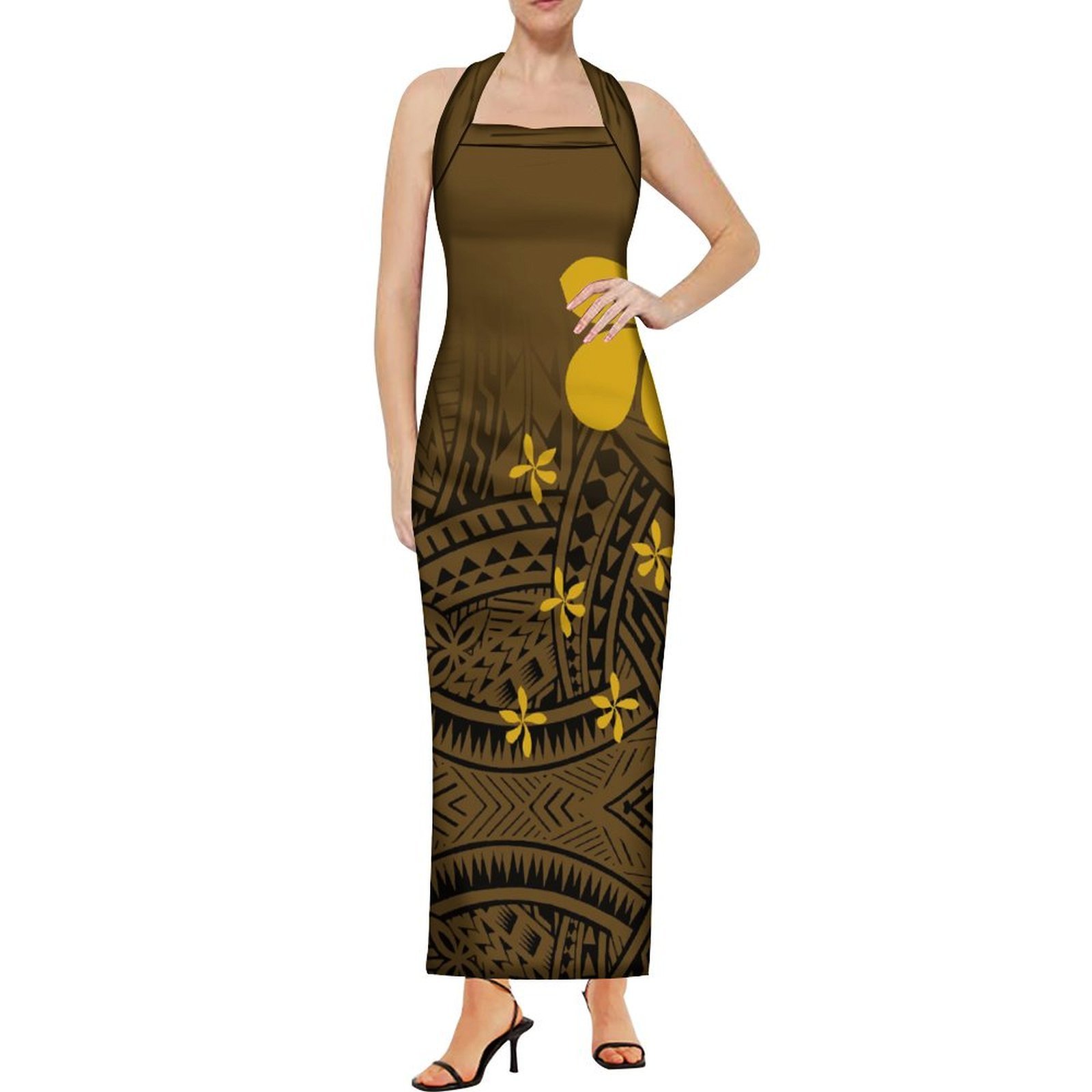 New Design Custom Sleeveless Halter Neckband Bodycon Dress Polynesian Tribal Printed Long Evening Dress Plus Size Womens Dresses
