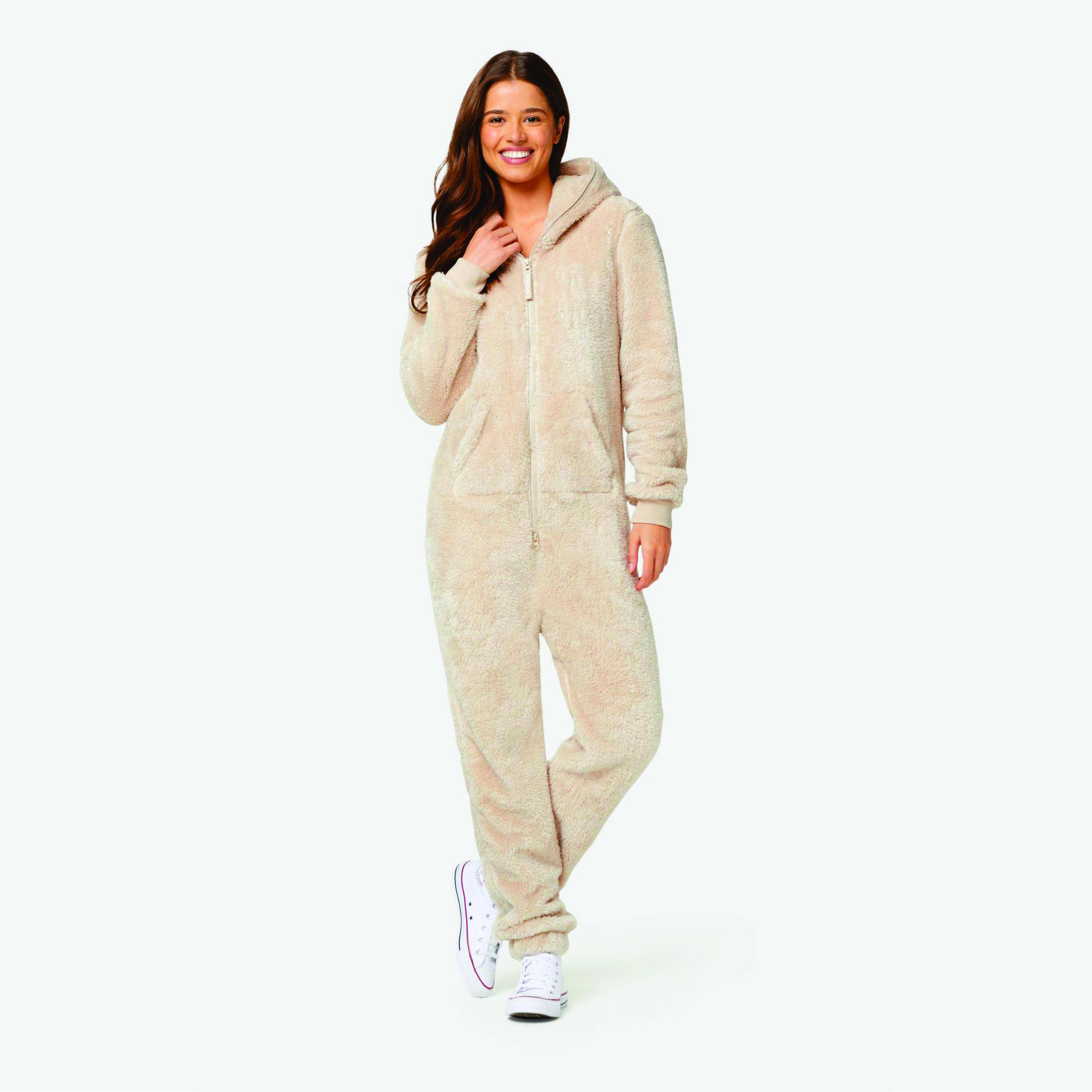 Unisex Light Brown Puppy Jumpsuit 100% Polyester Soft Stretchy Fleece Fabric Two-Way Quality Fitness Vintage