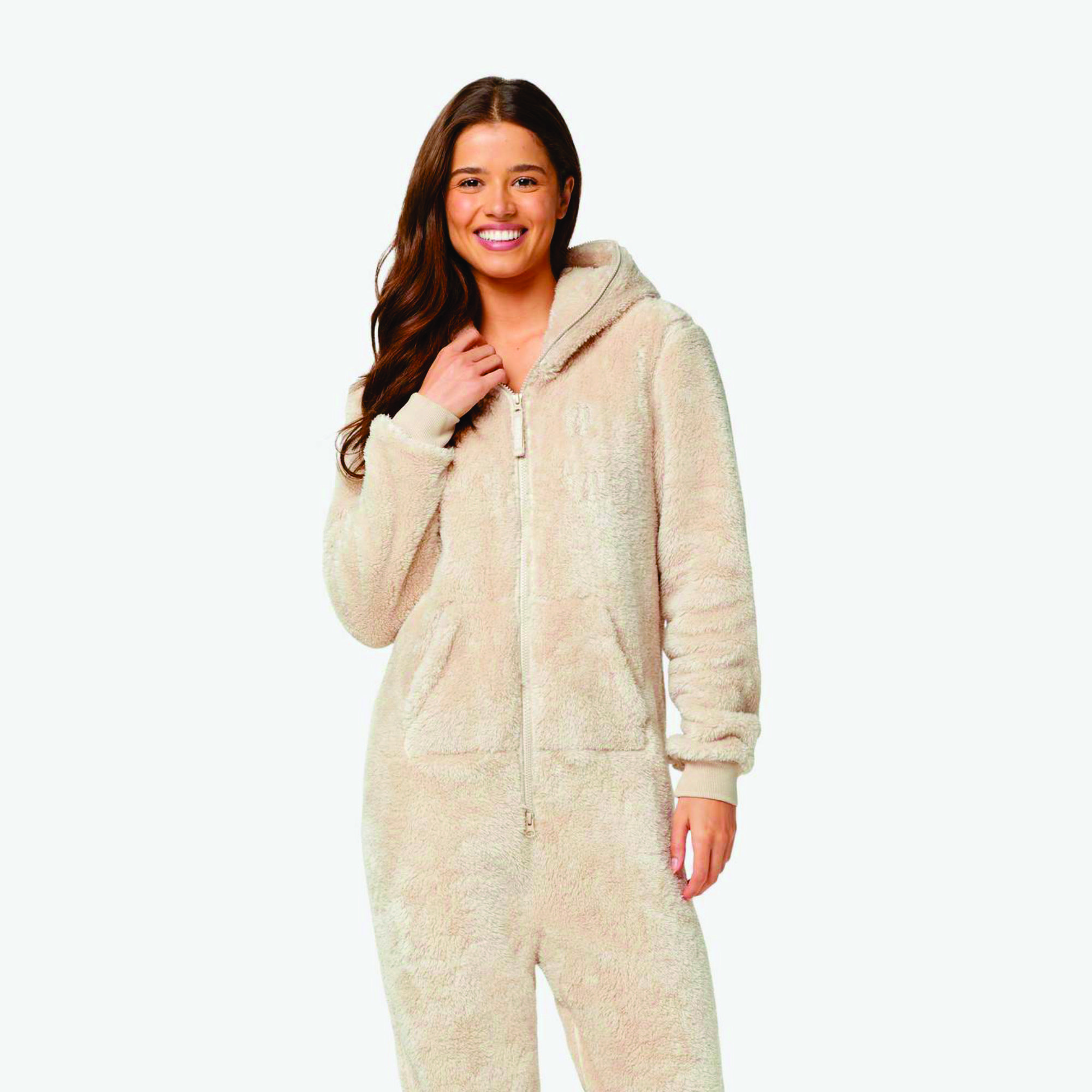 Unisex Light Brown Puppy Jumpsuit 100% Polyester Soft Stretchy Fleece Fabric Two-Way Quality Fitness Vintage