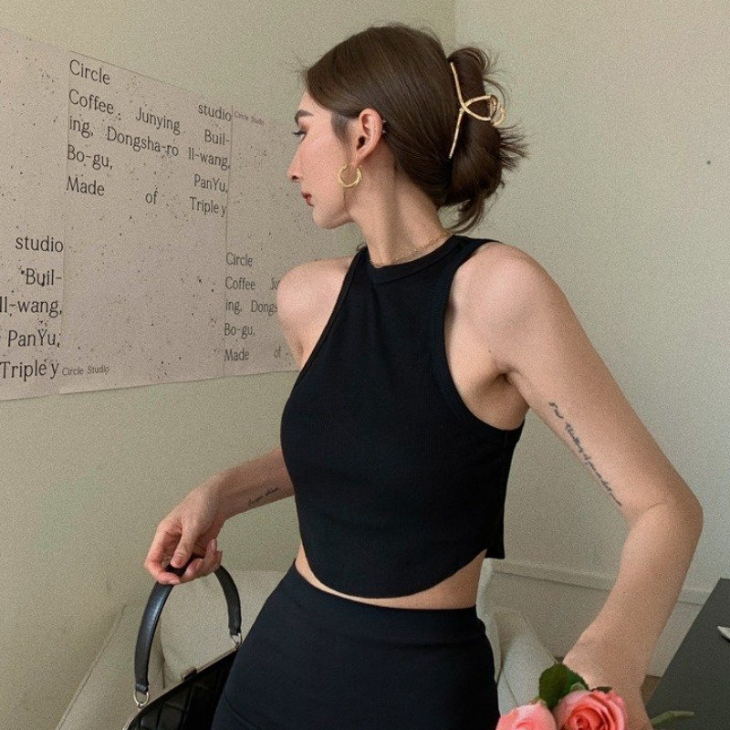 Sexy temperament slimming beautiful back strap vest Women Knitted O-Neck Sleeveless Ribbed Tops Slim Crop Top