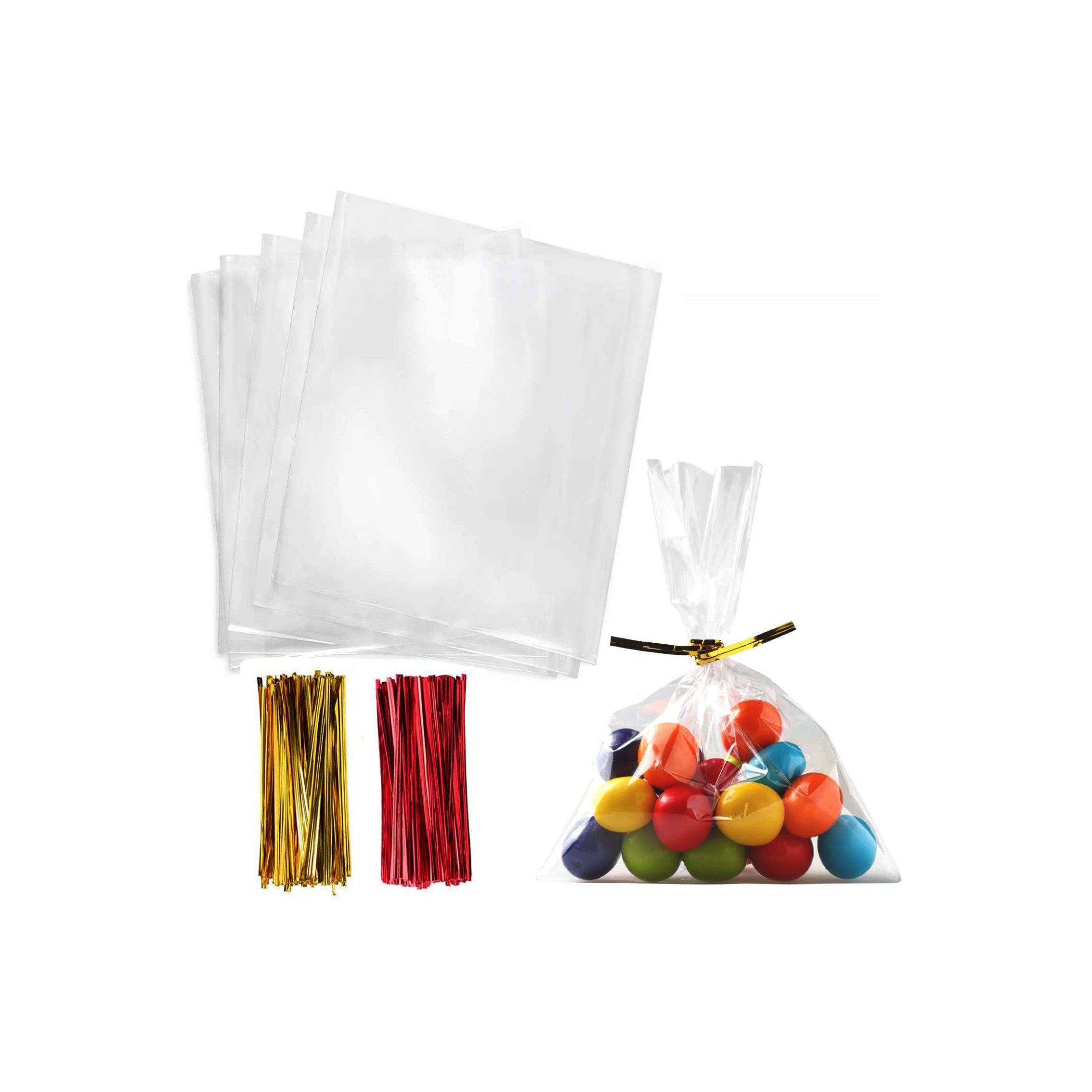 100 Pcs 4"x9" Cellophane Treat Bags Clear Flat Cello treat Bags with Ties