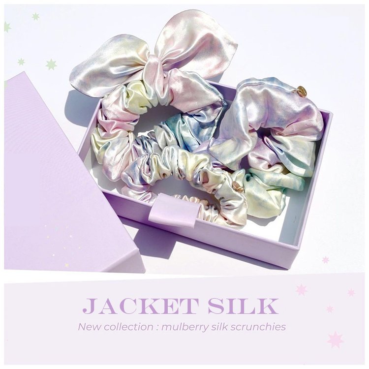 wholesale bulk custom silk hair ties 100% mulberry silk hair scrunchies rainbow satin silk scrunchies with bow