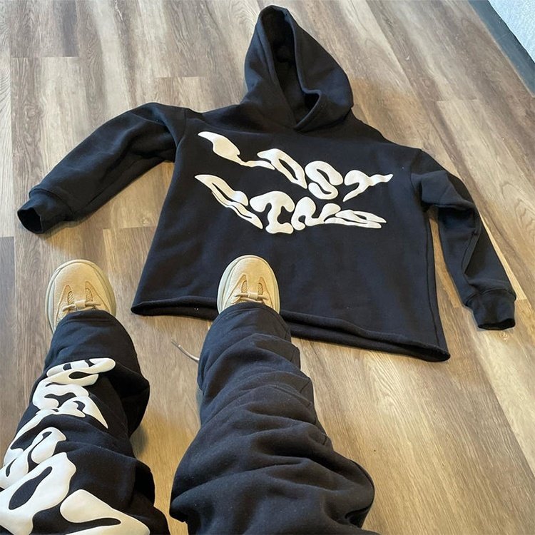 OEM Custom Puff Printing Raw Hem Edge Stacked Flared Cotton Hoodie and Sweatpants Set Jogging Suit Tracksuit Sweatsuit for Men