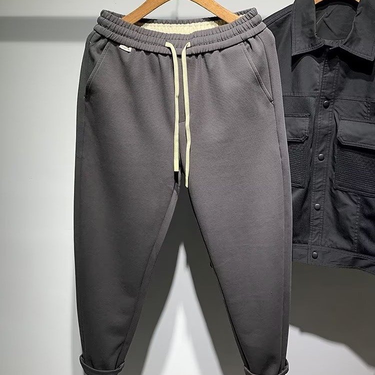 Winter elastic waist tied woolen small suit pants for men thickened and warm straight tube loose and casual drooping pants